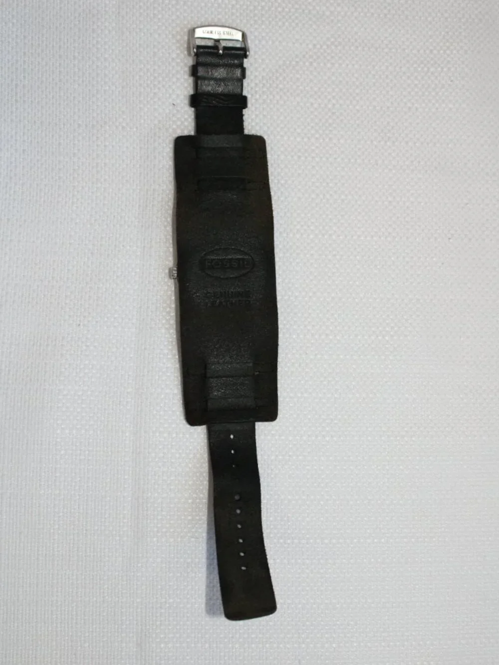 Vtg Y2K Fossil Black & Silver Leather Cuff Watch w/Orig Box, New Battery, JR8830